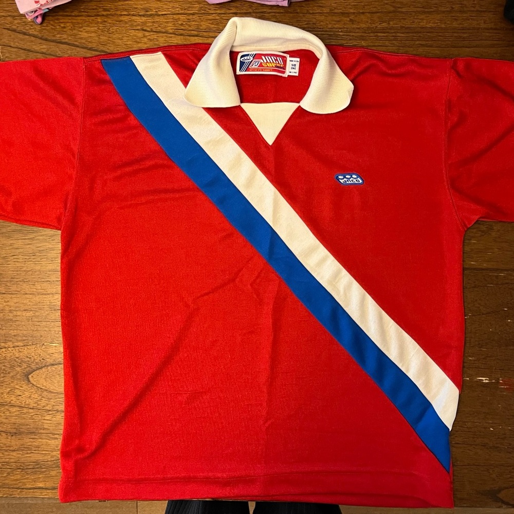 JNCO Y2K Vintage Red Polo Shirt with Blue and White Stripes